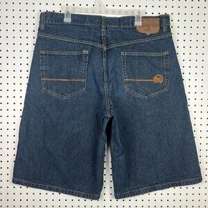 Mecca Y2K Baggy Jean Shorts‎ Sz 40 Jorts Embroidered Blue Skate Hip Hop 90s Punk